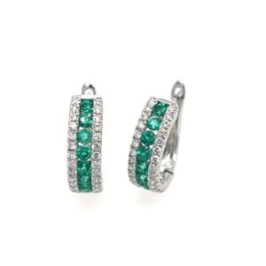 White Gold Emerald and Diamond Huggie Hoop Earrings