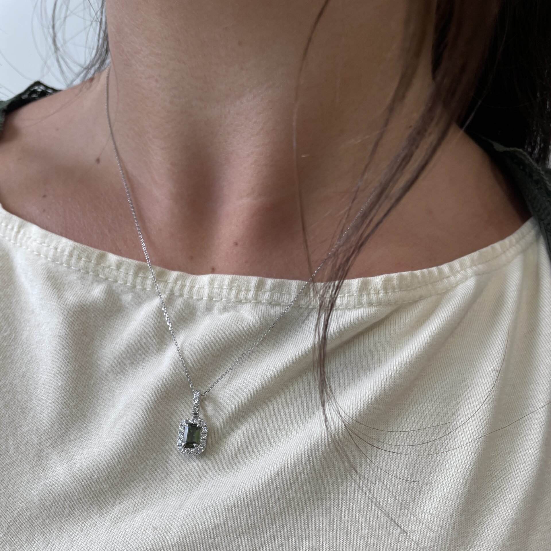 White Gold Green Tourmaline & Diamond Pendant Necklace
