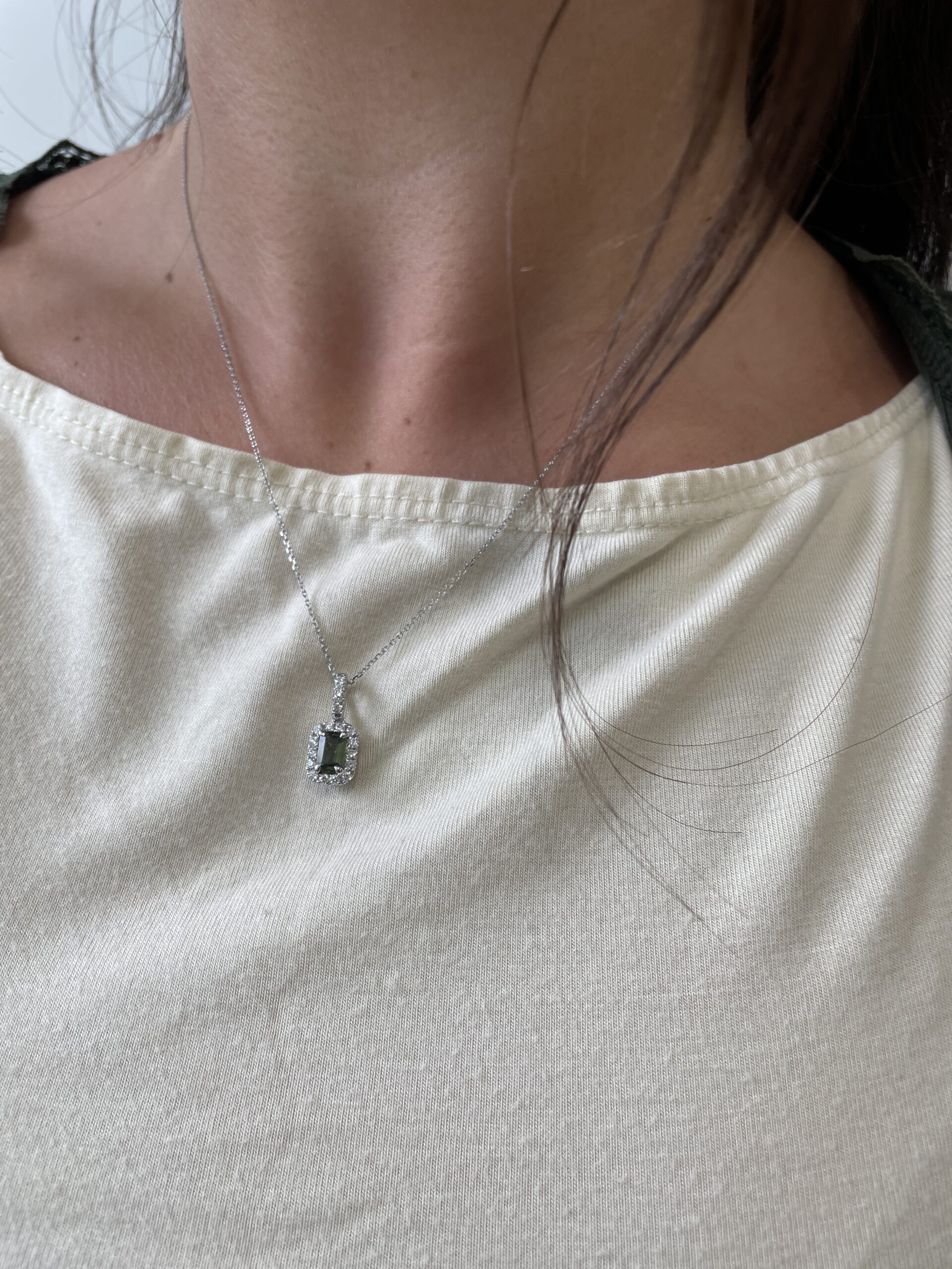 White Gold Green Tourmaline & Diamond Pendant Necklace