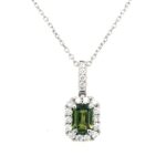 White Gold Green Tourmaline & Diamond Pendant Necklace