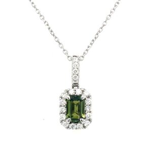 White Gold Green Tourmaline & Diamond Pendant Necklace