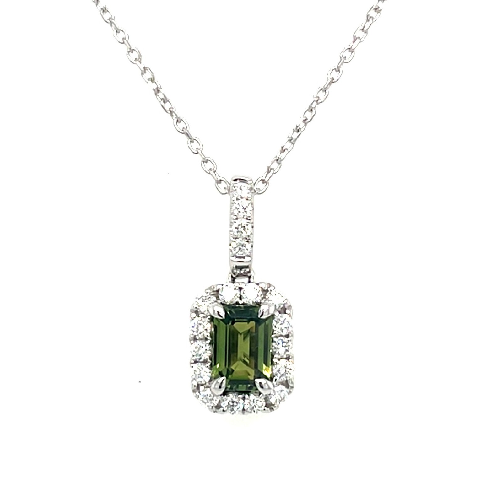 White Gold Green Tourmaline & Diamond Pendant Necklace