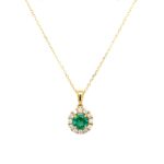 Yellow Gold Emerald Necklace with Diamond Halo
