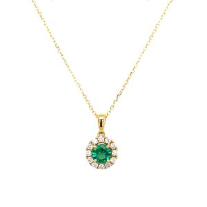 Yellow Gold Emerald Necklace with Diamond Halo
