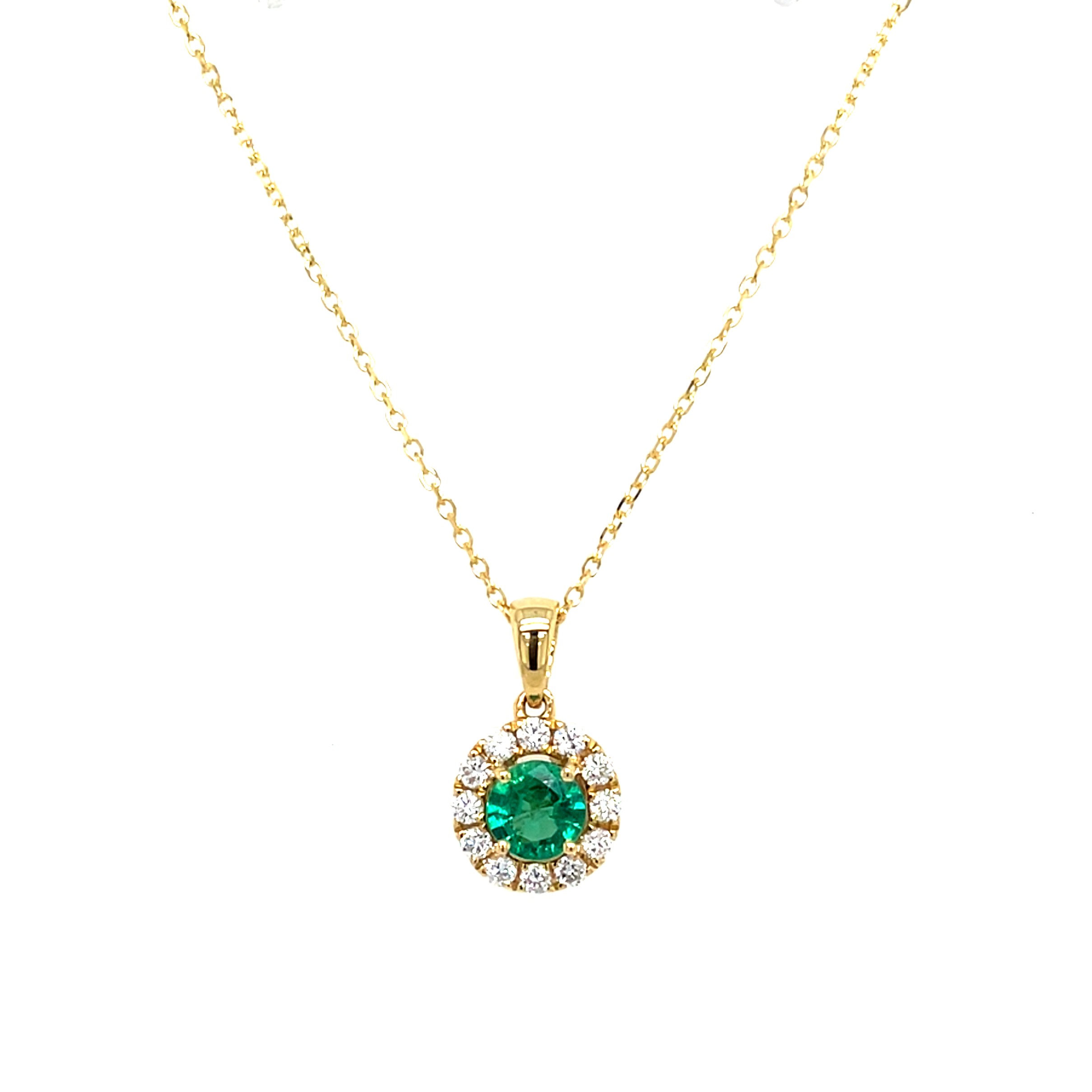 Yellow Gold Emerald Necklace with Diamond Halo