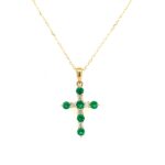 Yellow Gold Emerald and Diamond Cross Necklace