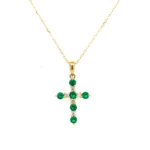 Yellow Gold Emerald and Diamond Cross Necklace