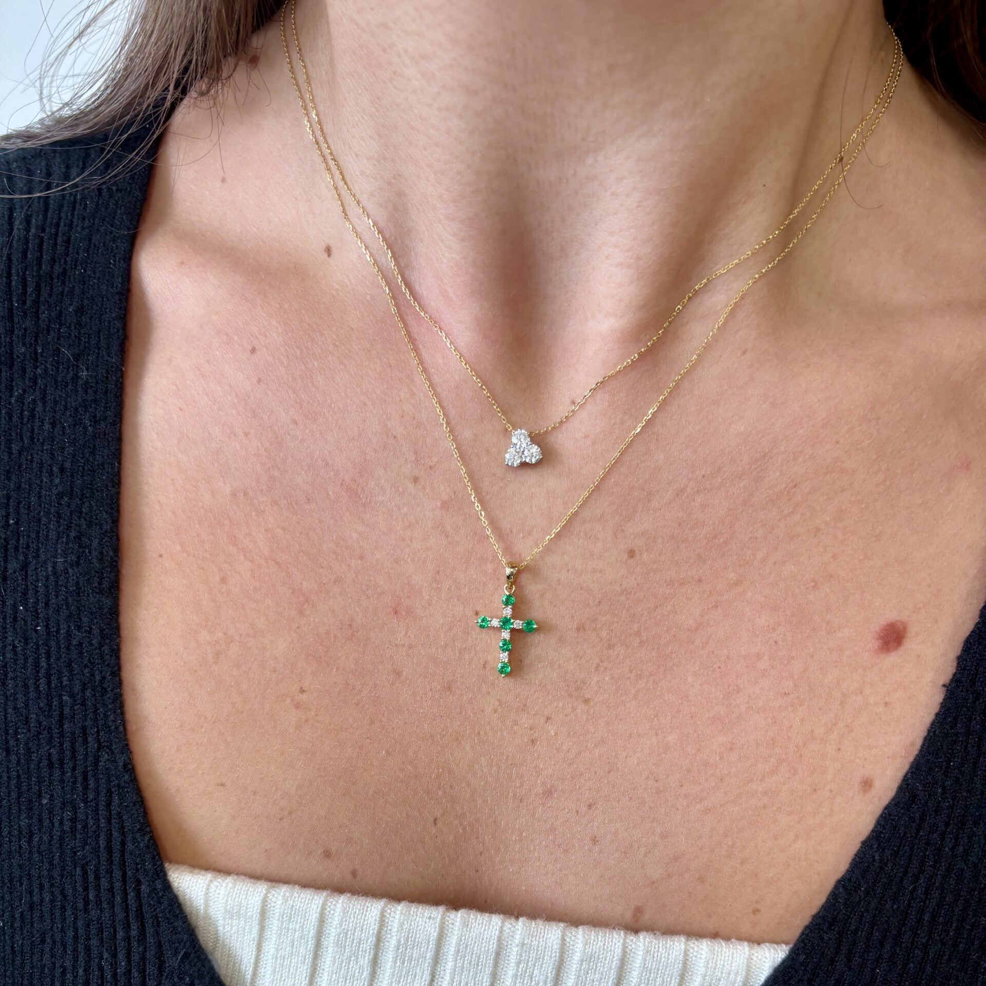 Yellow Gold Emerald and Diamond Cross Necklace