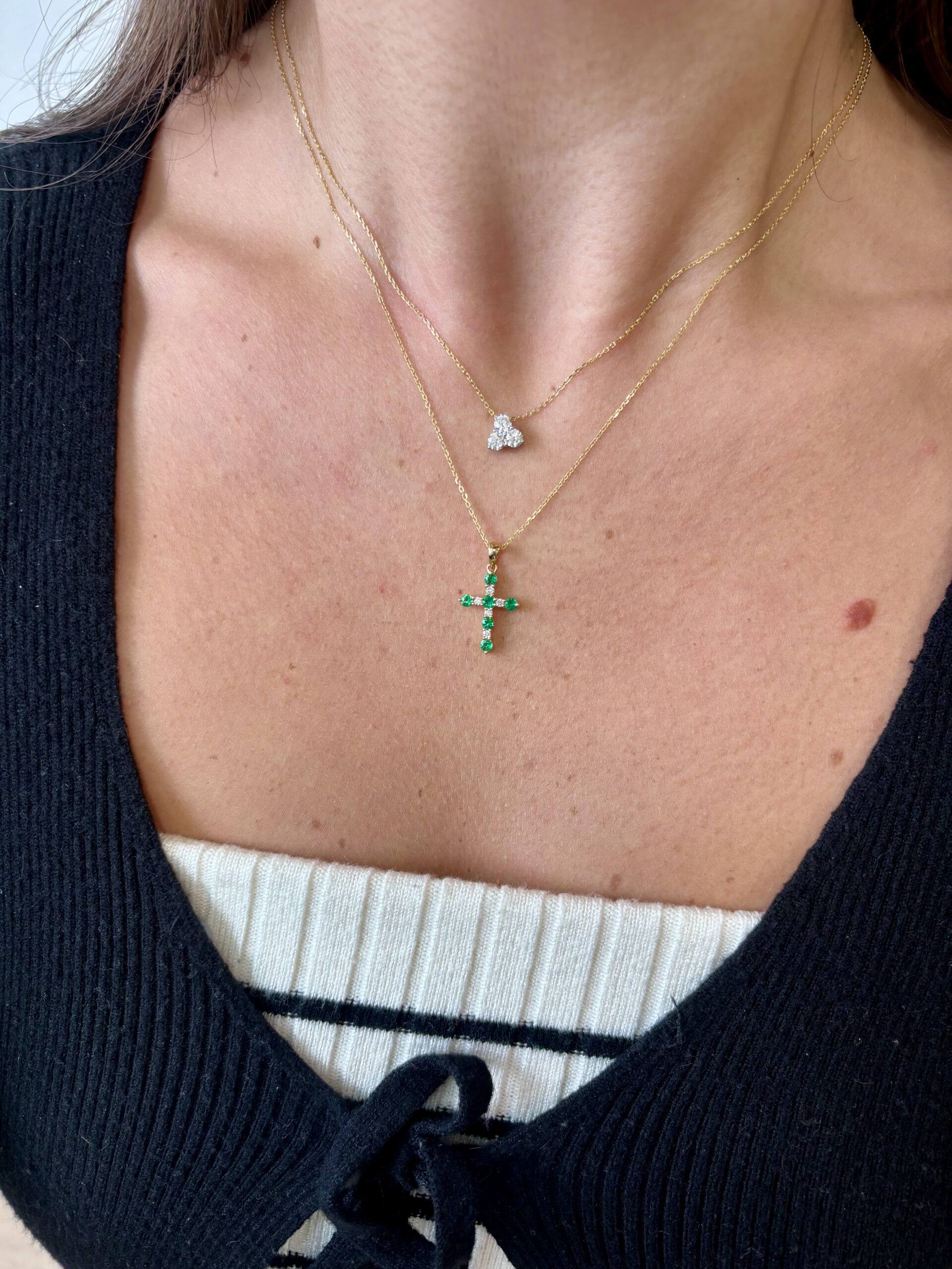 Yellow Gold Emerald and Diamond Cross Necklace