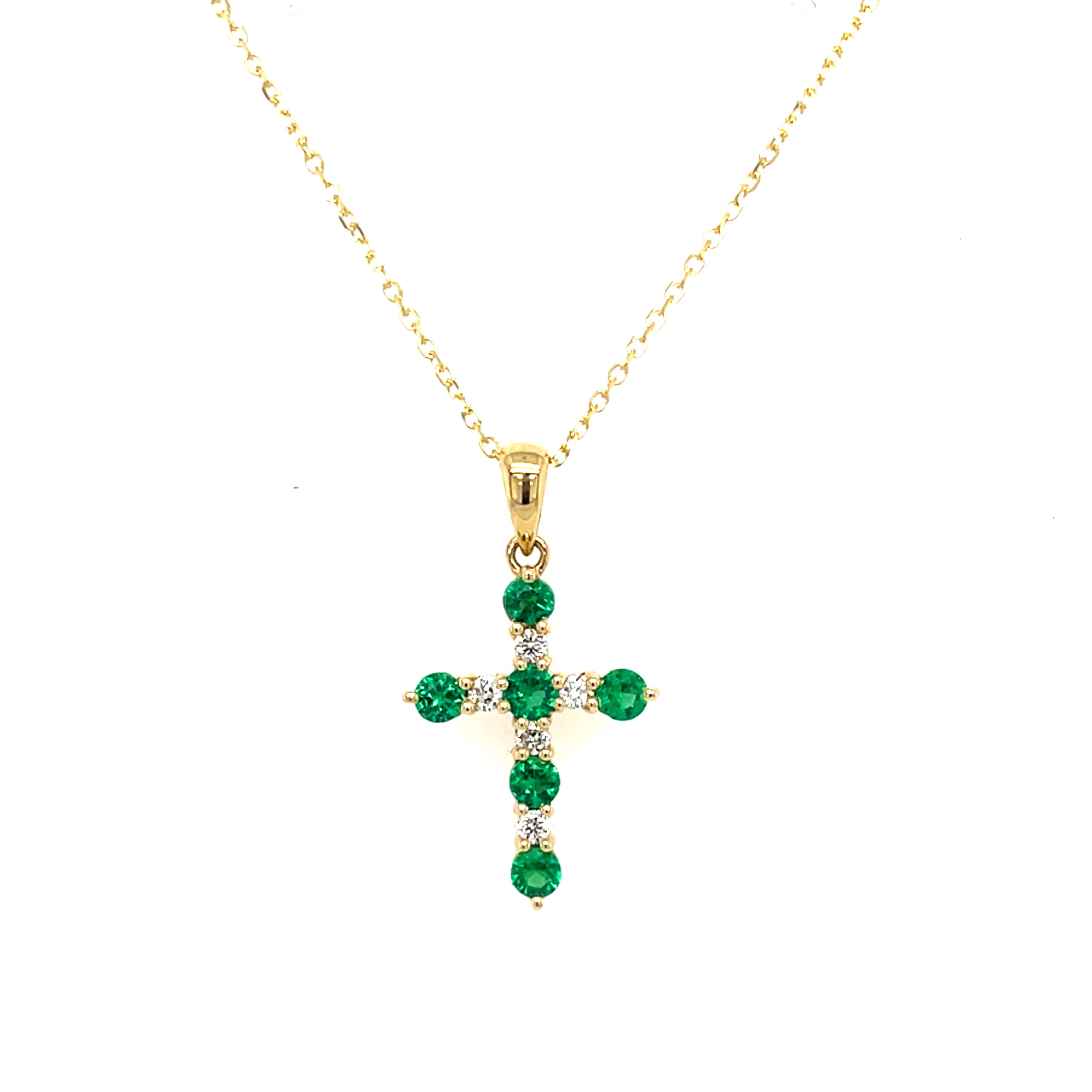 Yellow Gold Emerald and Diamond Cross Necklace