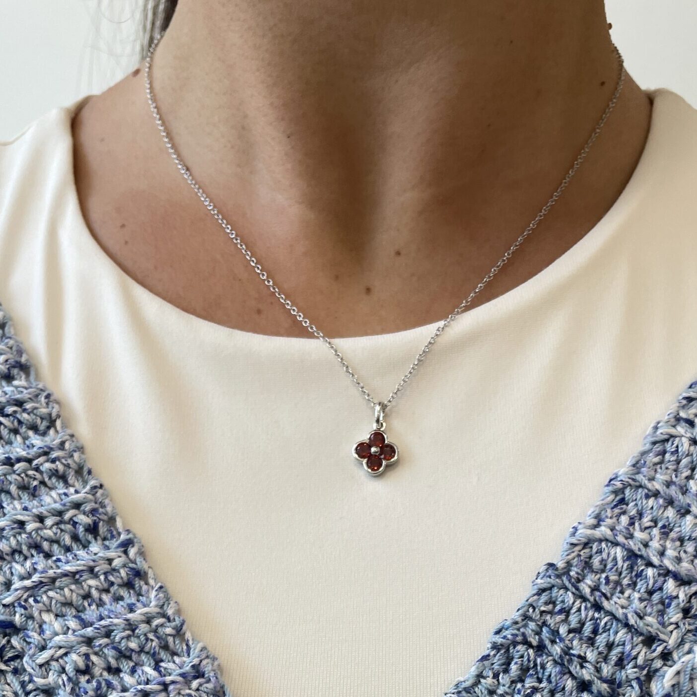 Sterling Silver Clover Gemstone Pendant Necklace