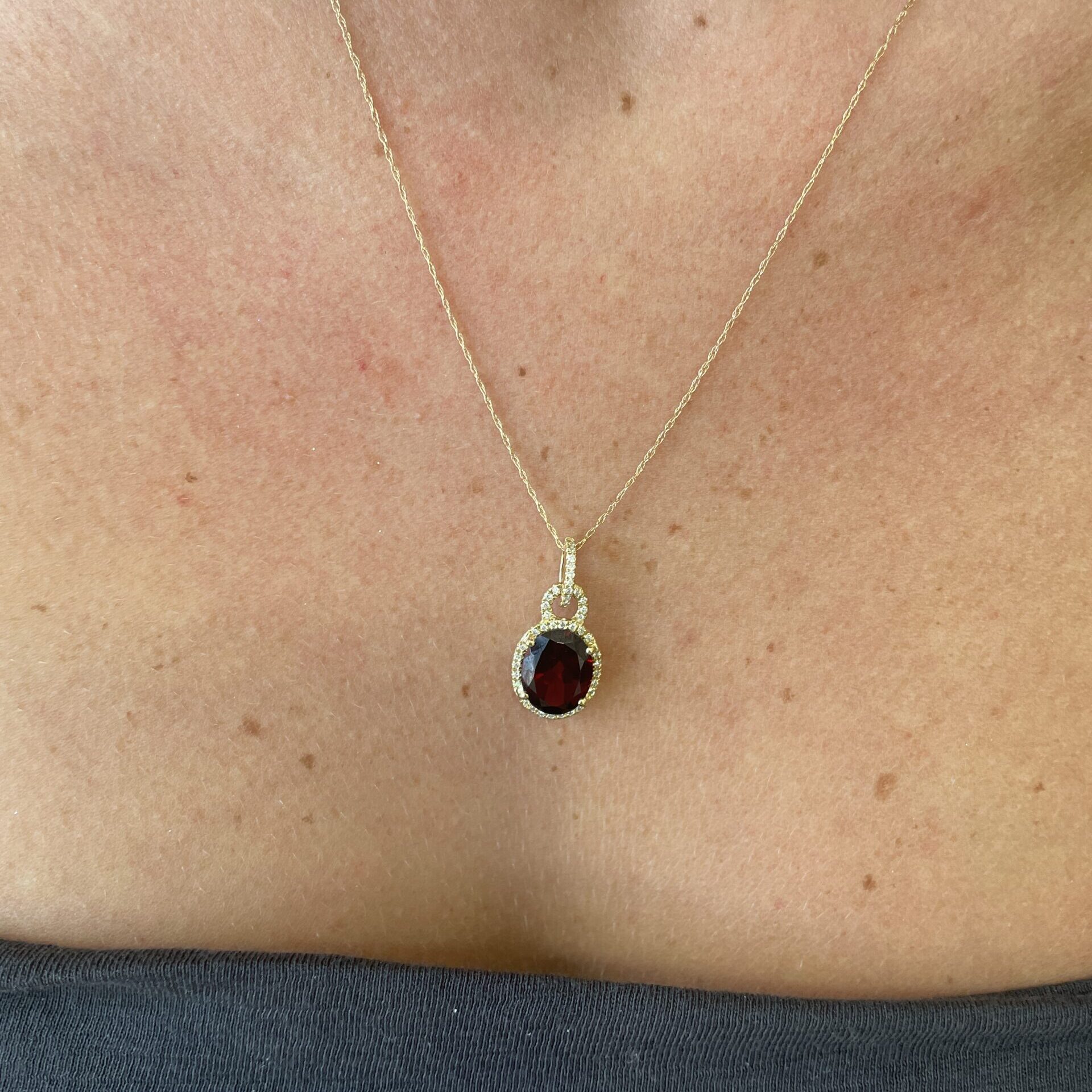 Yellow Gold Garnet Necklace with Diamond Halo