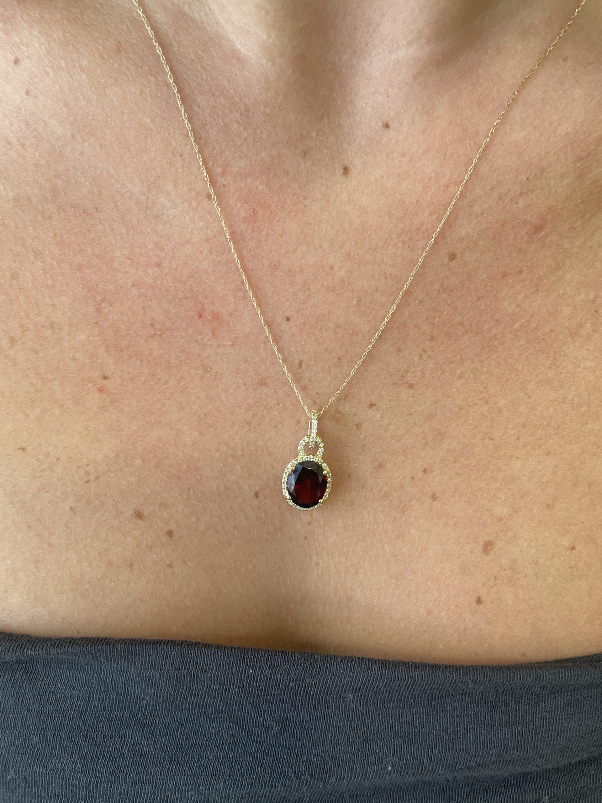 Yellow Gold Garnet Necklace with Diamond Halo