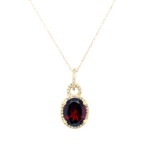 Yellow Gold Garnet Necklace with Diamond Halo