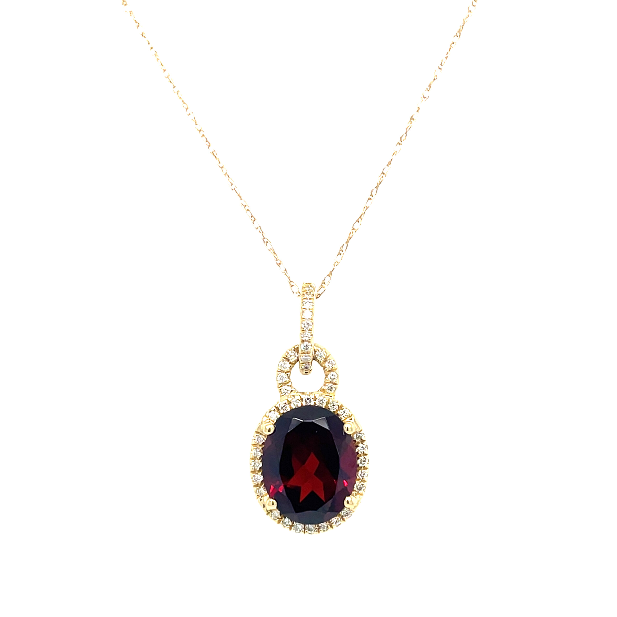 Yellow Gold Garnet Necklace with Diamond Halo