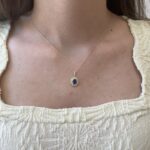 Yellow Gold Oval Sapphire Necklace with Double Diamond Halo