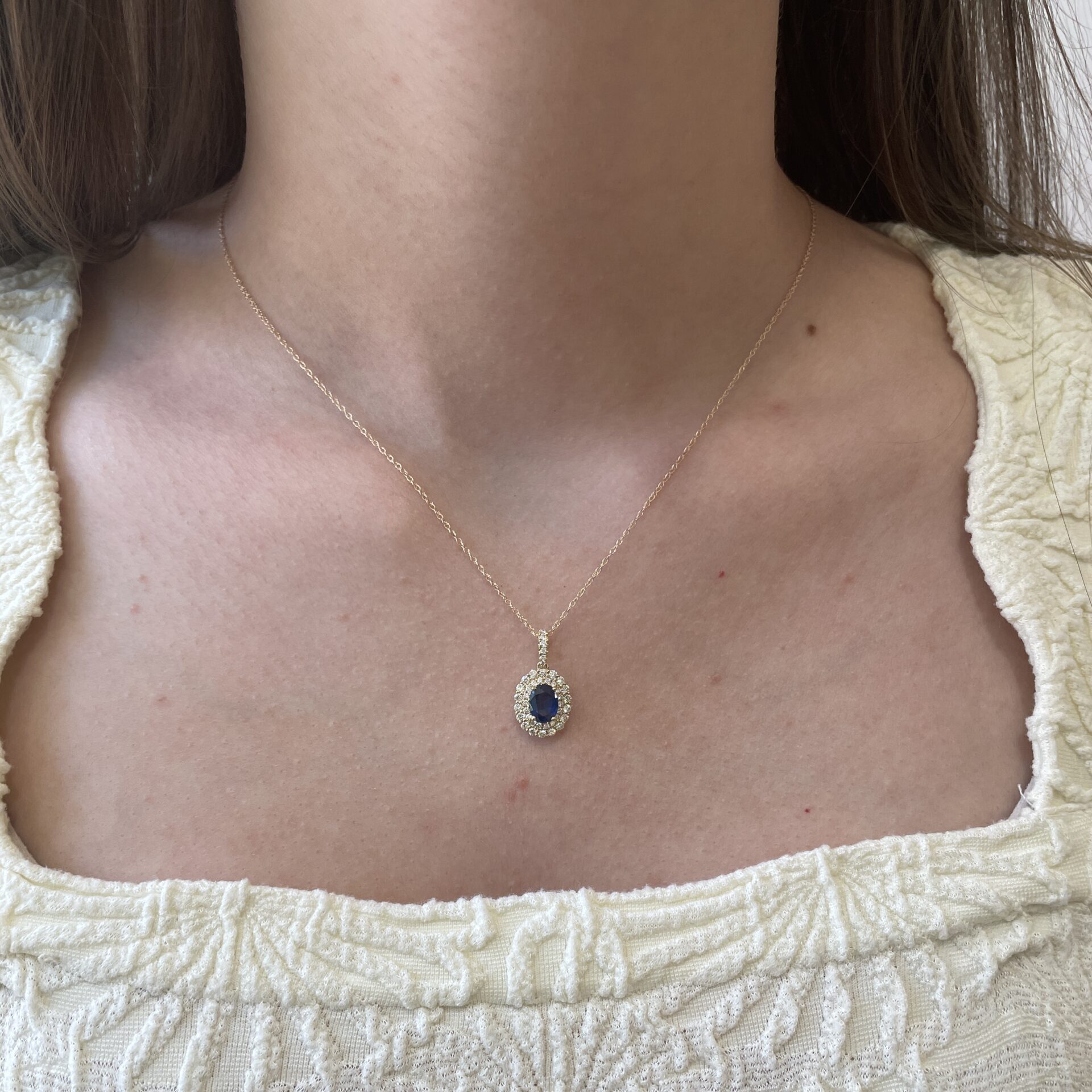 Yellow Gold Oval Sapphire Necklace with Double Diamond Halo