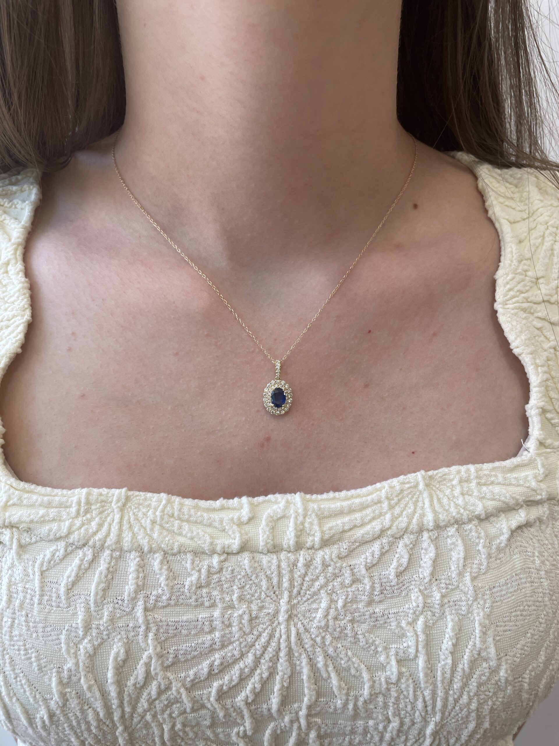 Yellow Gold Oval Sapphire Necklace with Double Diamond Halo