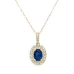 Yellow Gold Oval Sapphire Necklace with Double Diamond Halo