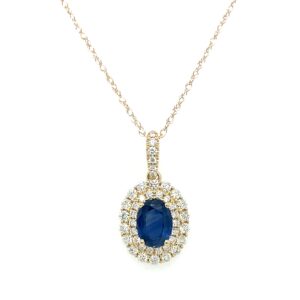Yellow Gold Oval Sapphire Necklace with Double Diamond Halo