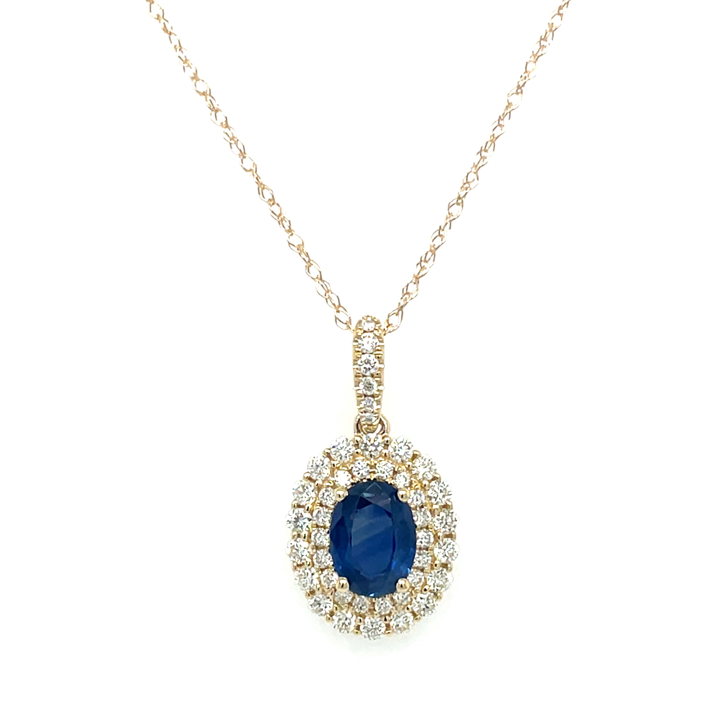 Yellow Gold Oval Sapphire Necklace with Double Diamond Halo