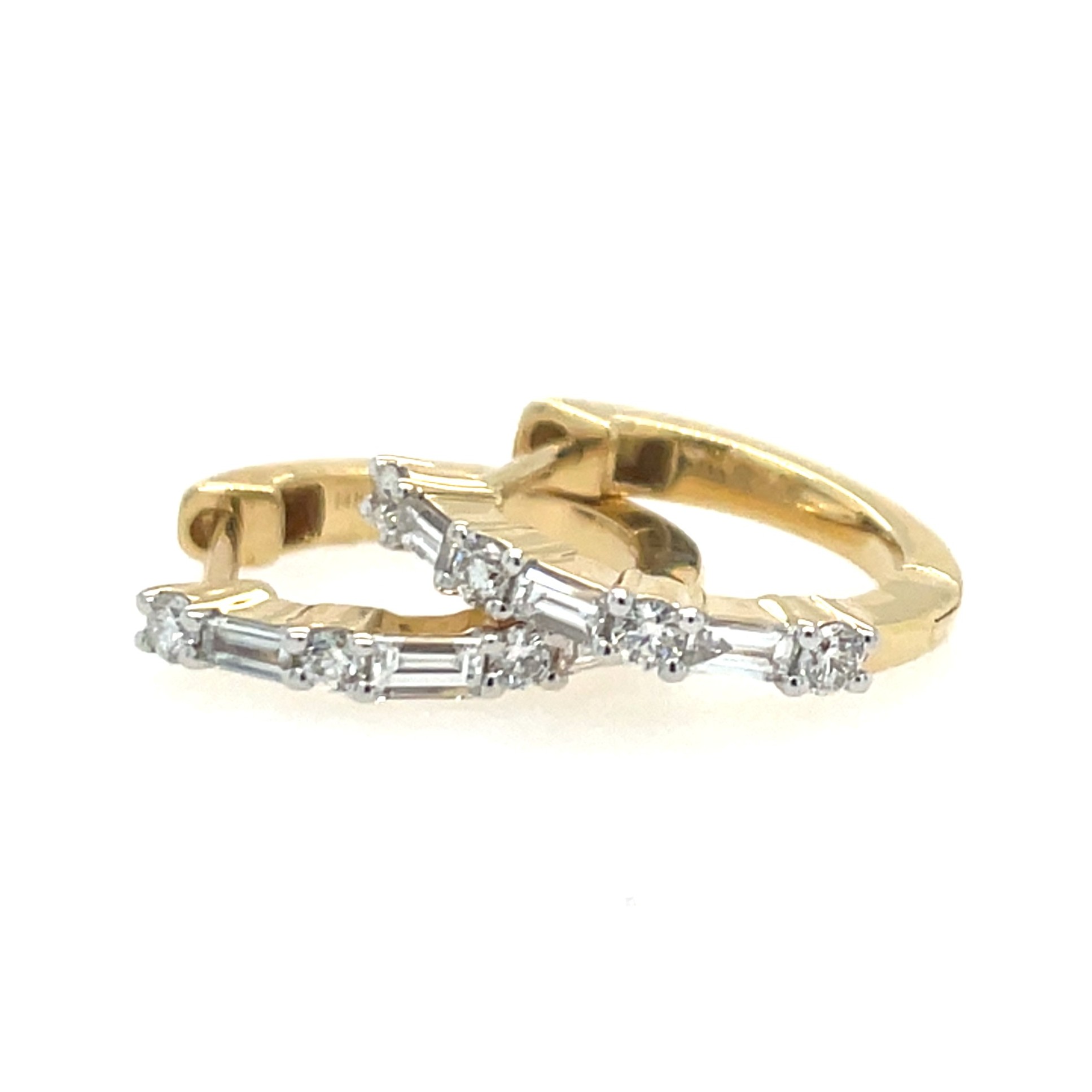 Yellow Gold Baguette & Round Diamond Hoop Earrings