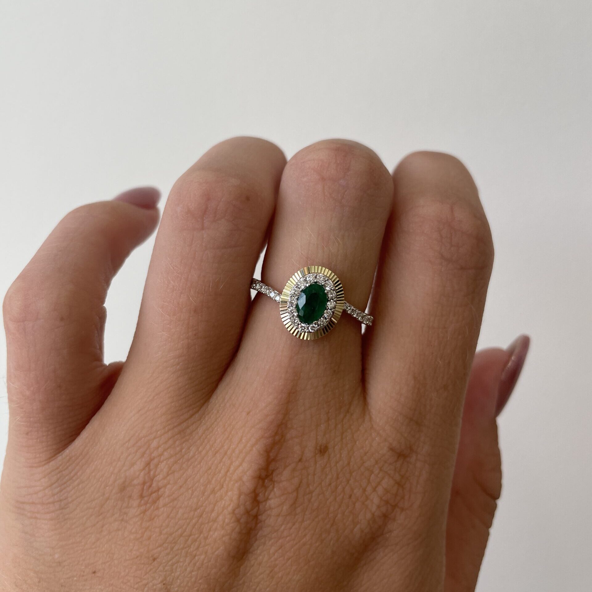 Yellow Gold Emerald and Diamond Halo Ring
