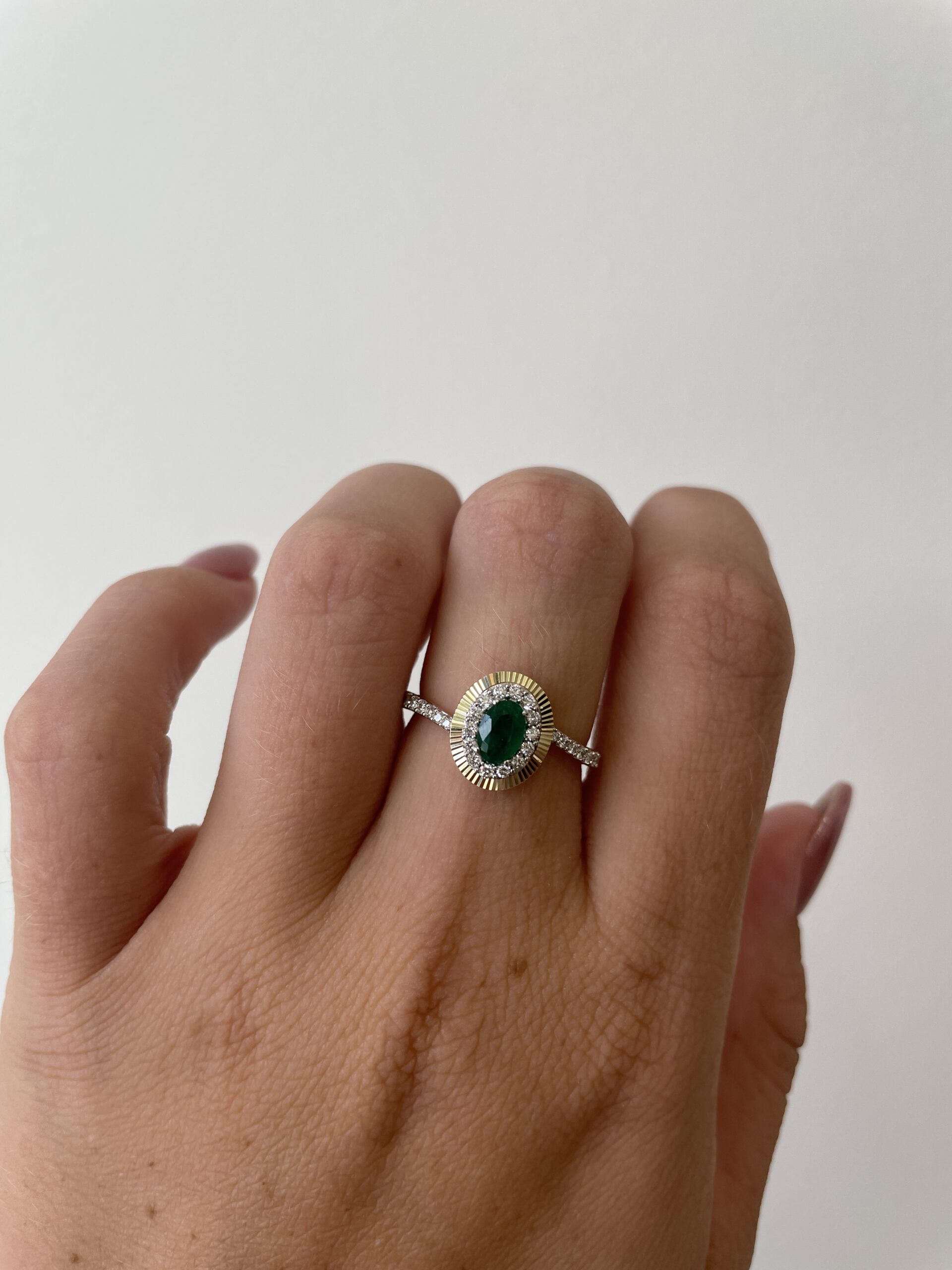 Yellow Gold Emerald and Diamond Halo Ring