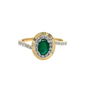 Yellow Gold Emerald and Diamond Halo Ring