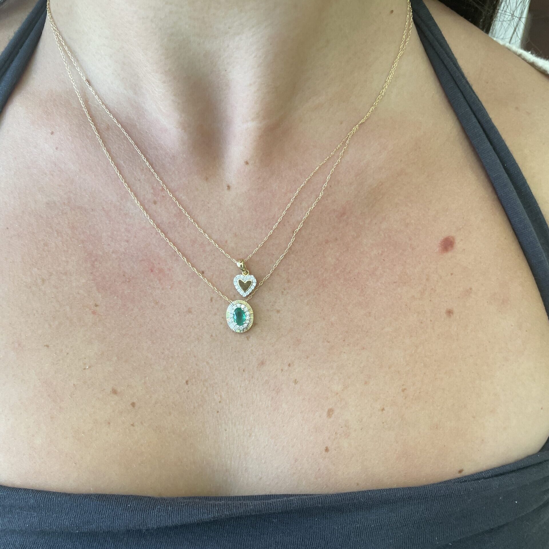 Yellow Gold Emerald Necklace with Diamond Halo