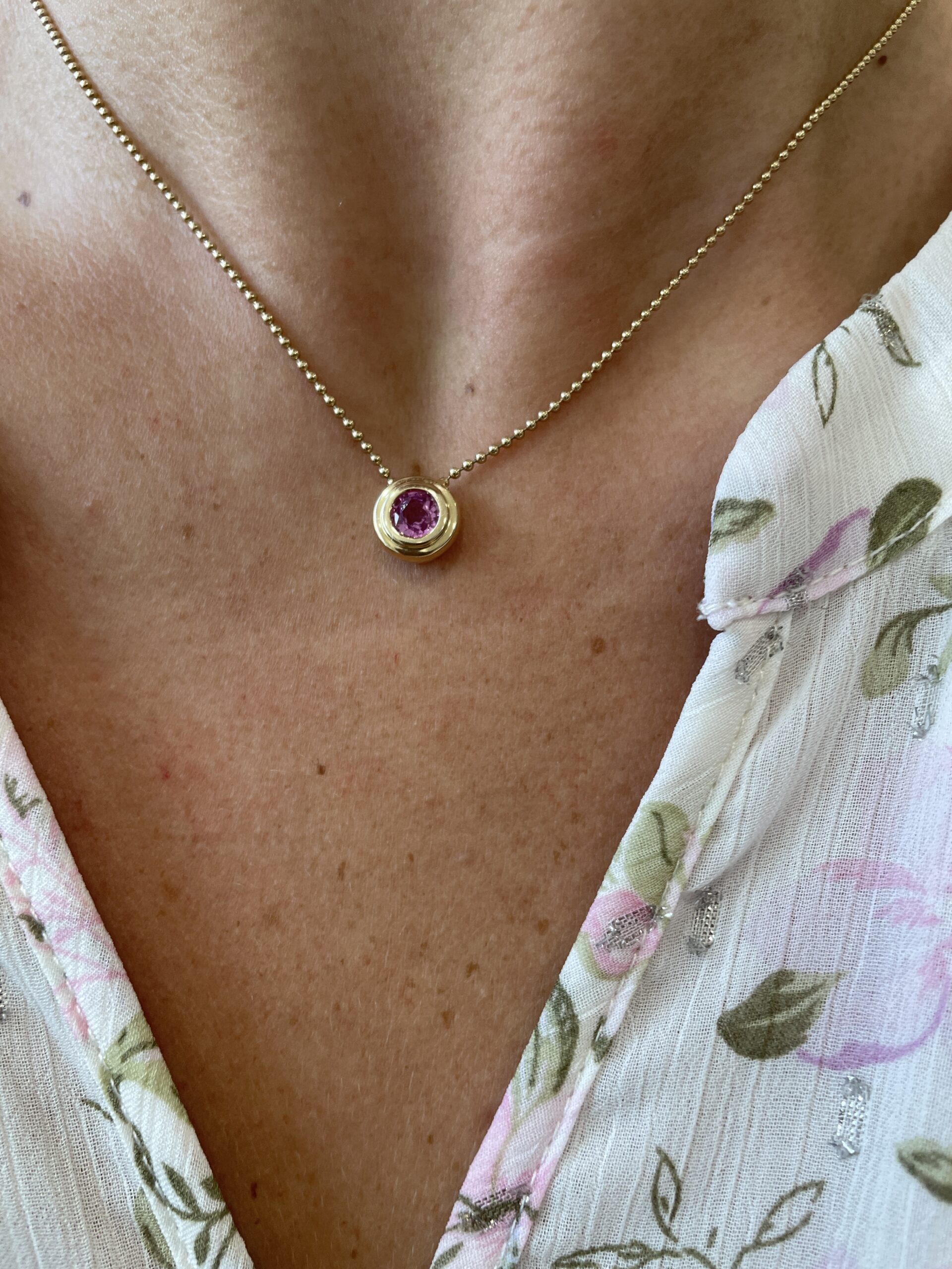 Yellow Gold Bezel-Set Pink Sapphire Pendant Necklace