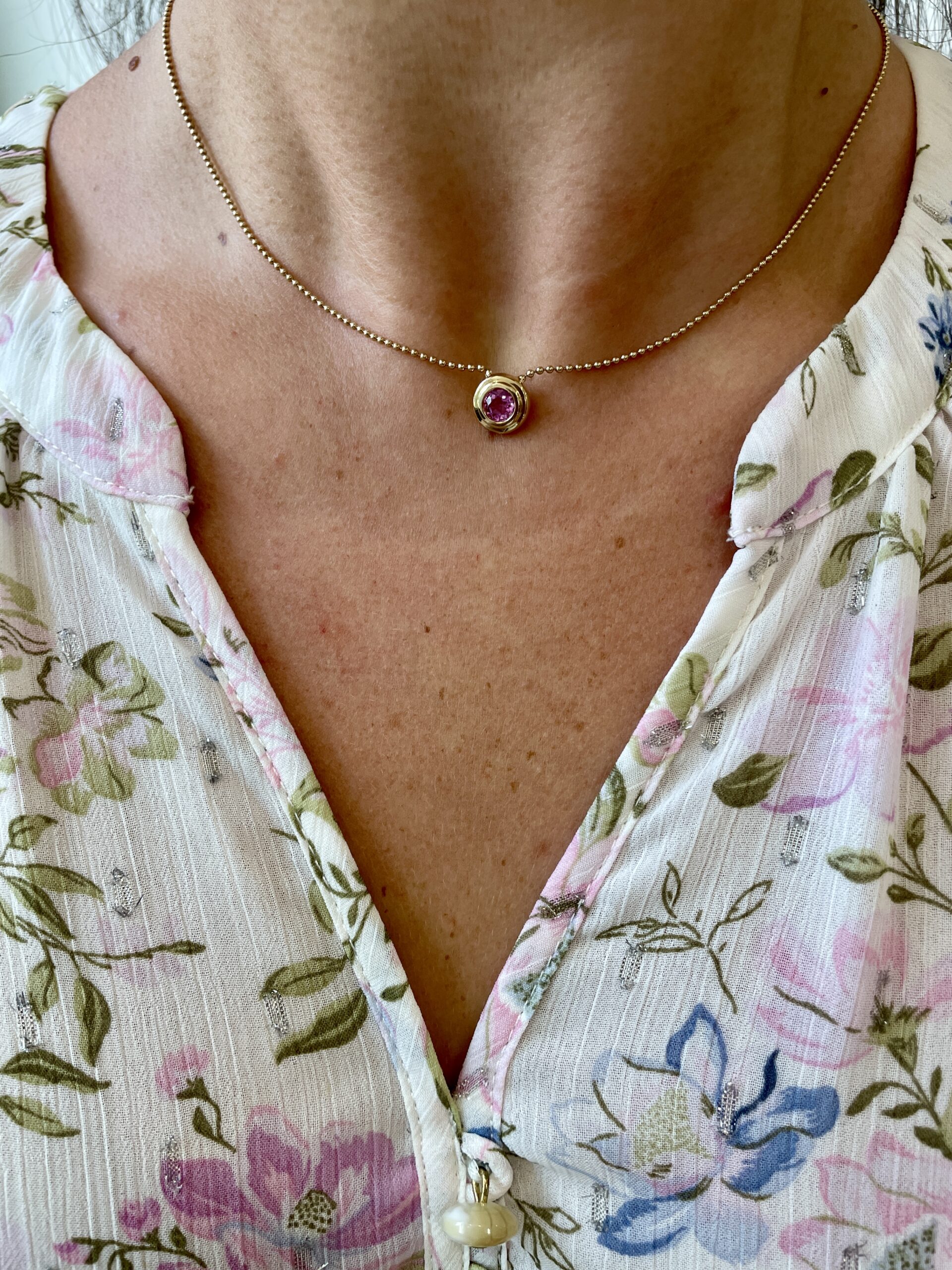 Yellow Gold Bezel-Set Pink Sapphire Pendant Necklace