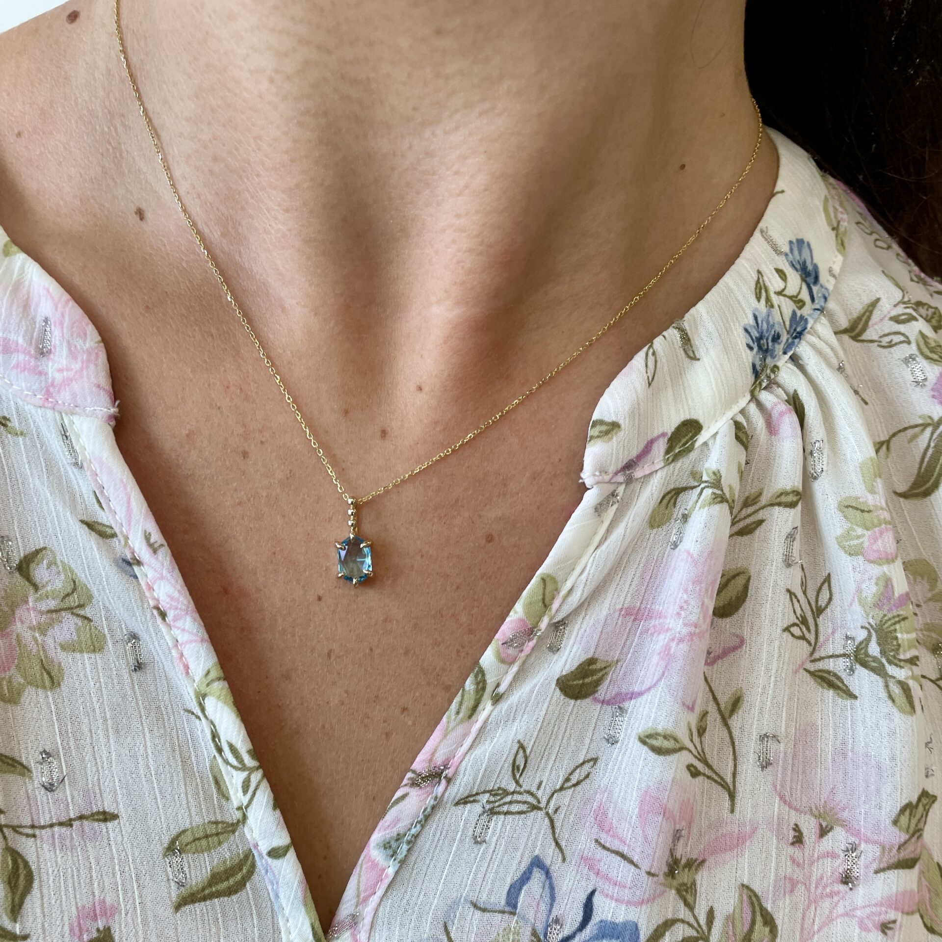 Yellow Gold Blue Topaz Hexagon Necklace