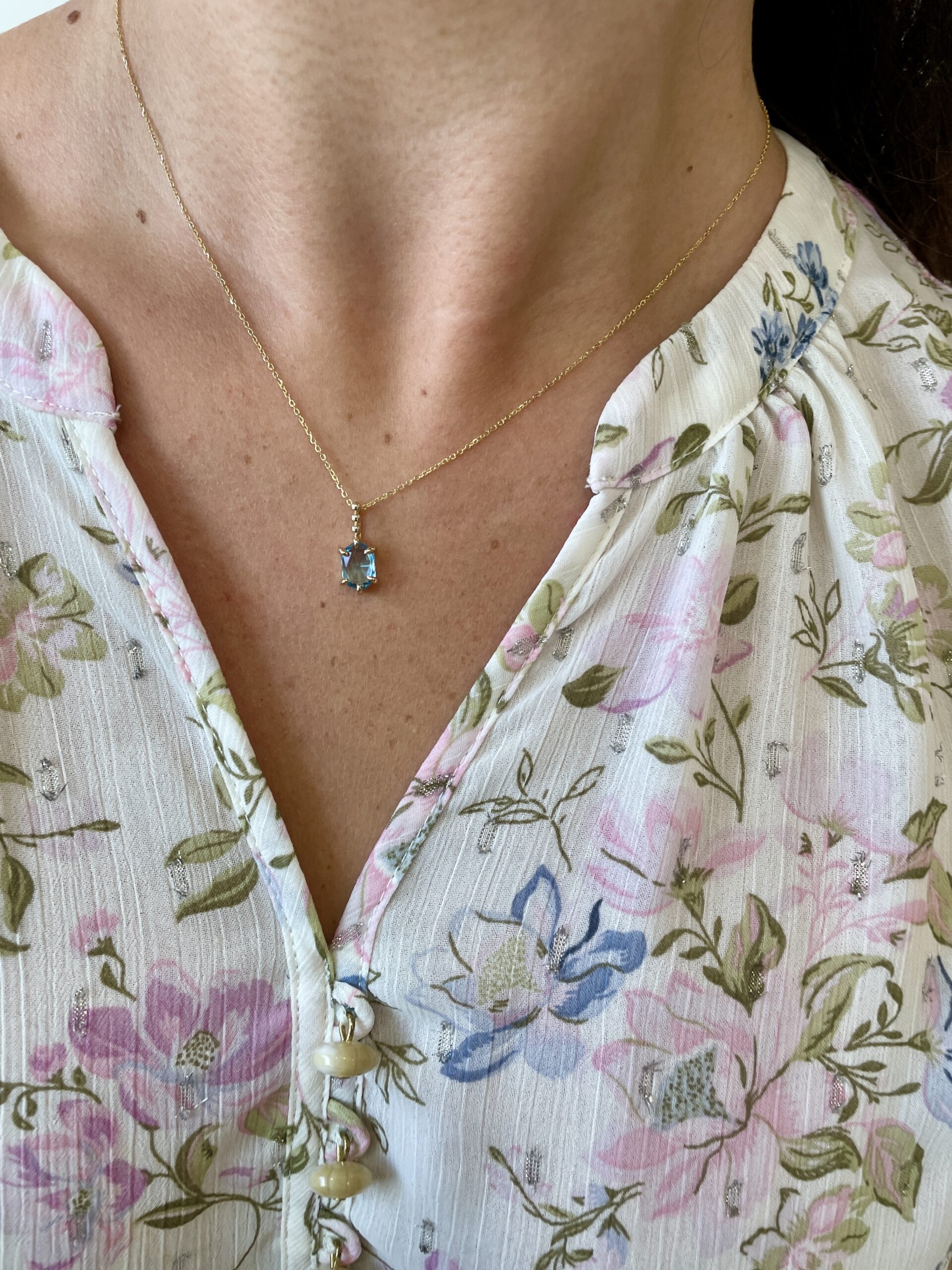 Yellow Gold Blue Topaz Hexagon Necklace