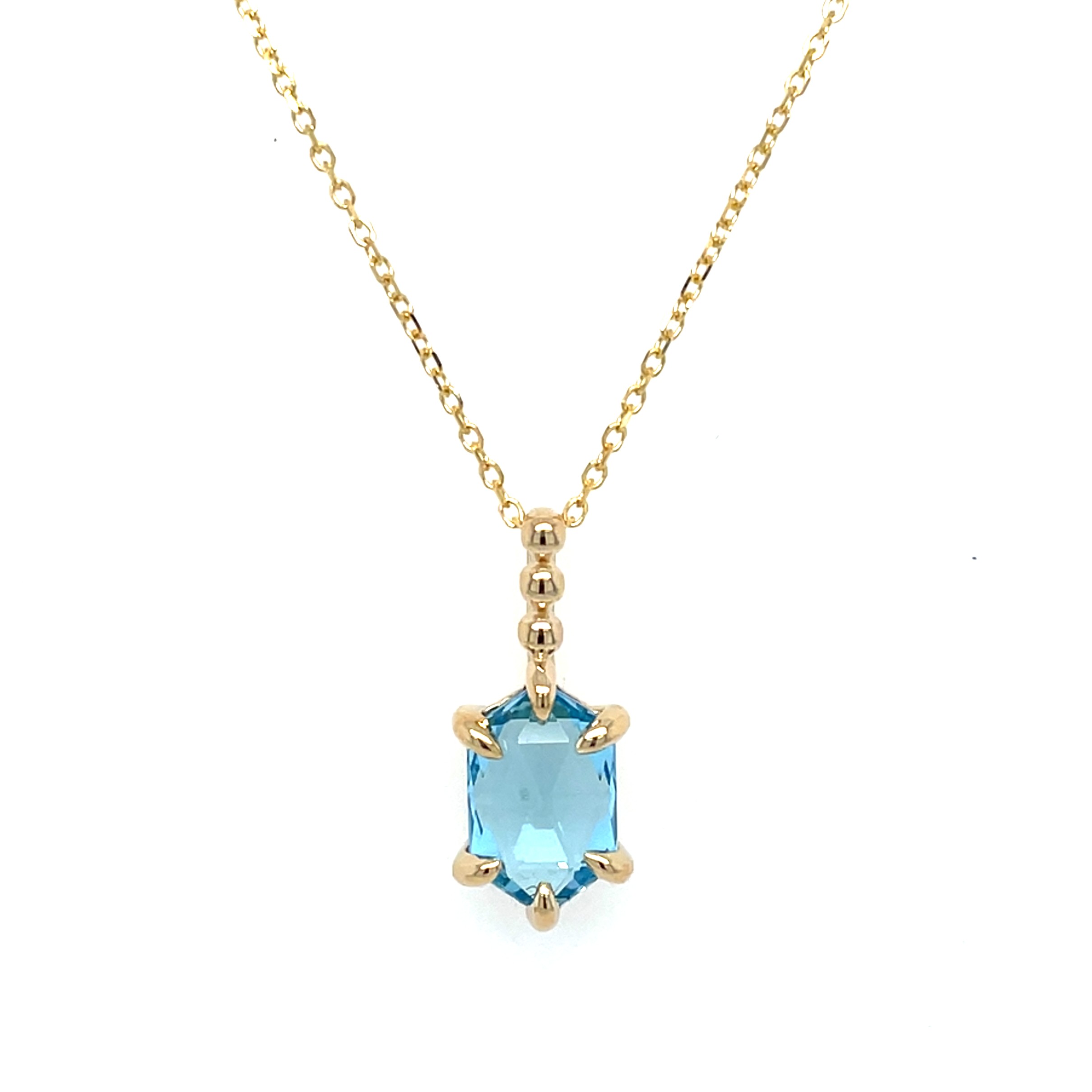 Yellow Gold Blue Topaz Hexagon Necklace