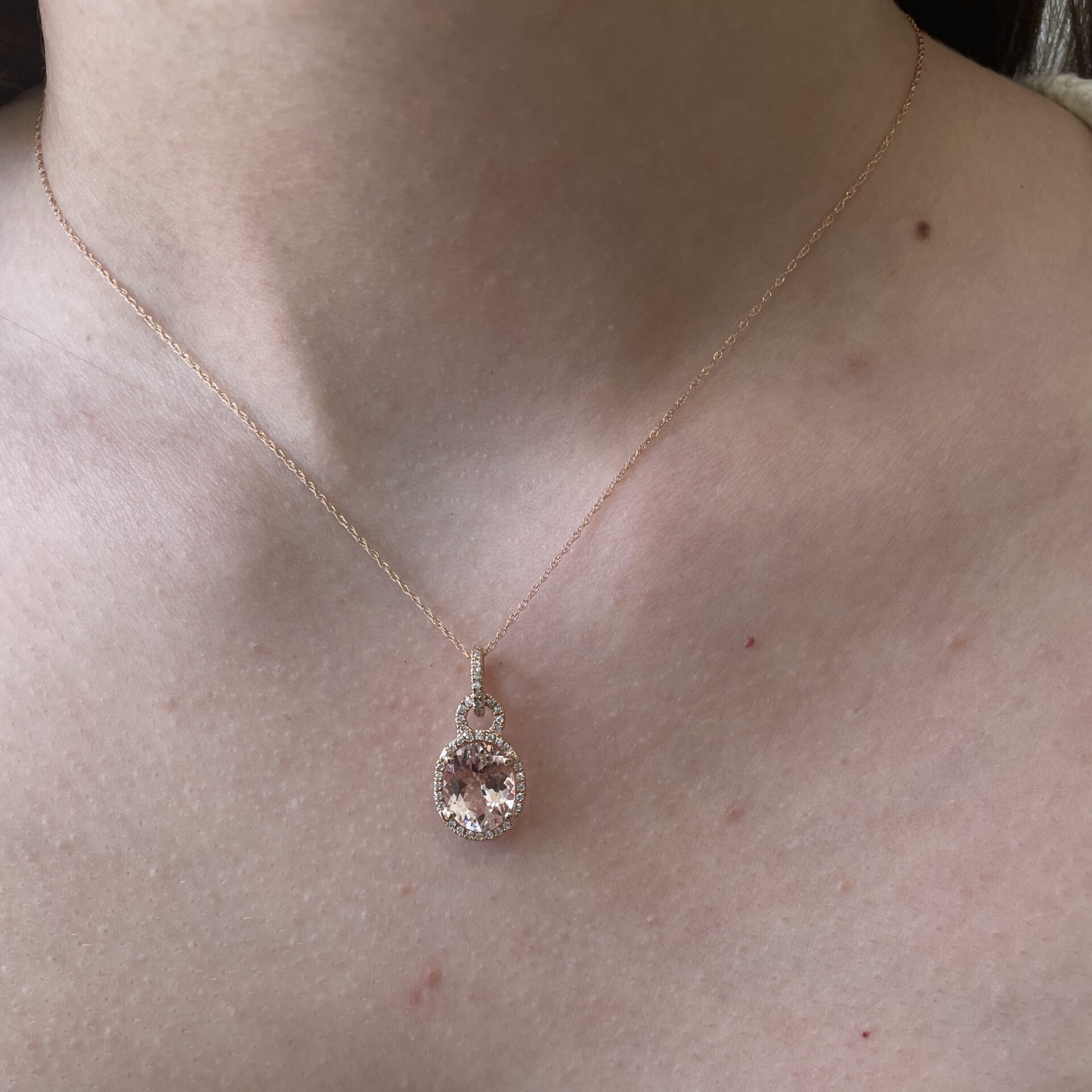 Rose Gold Morganite Necklace with Diamond Halo