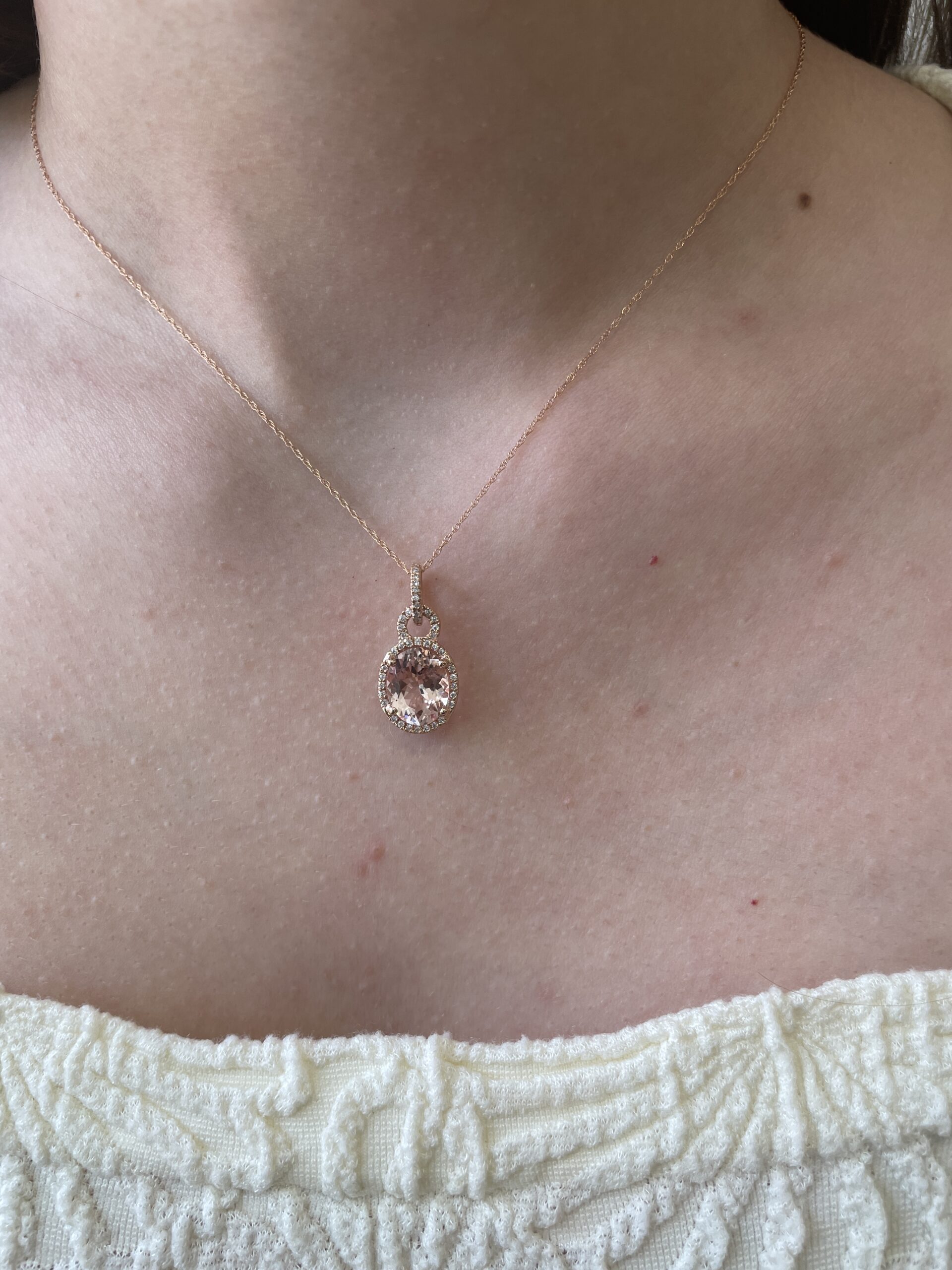 Rose Gold Morganite Necklace with Diamond Halo