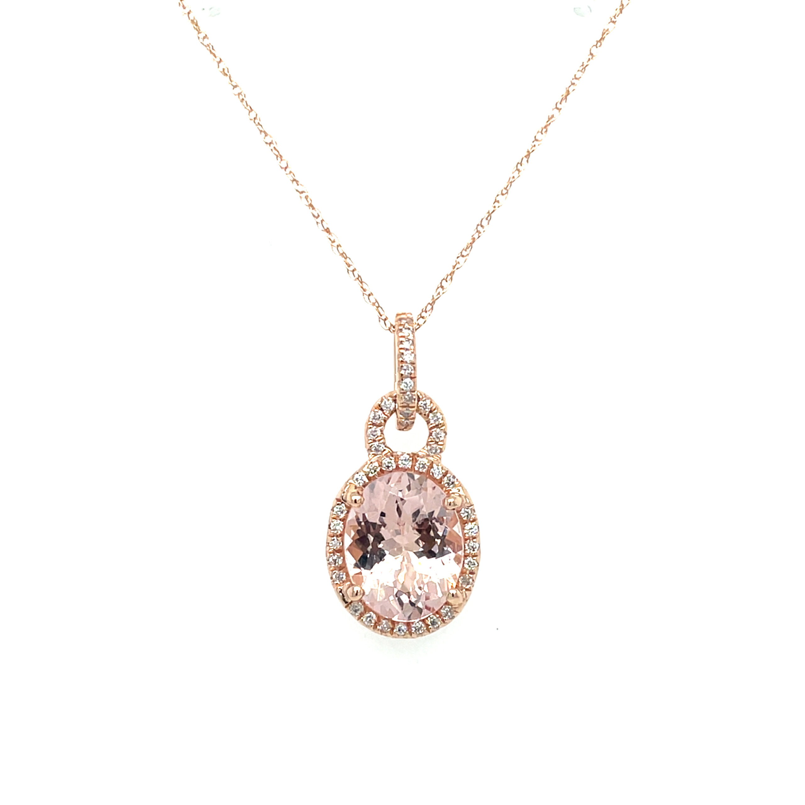 Rose Gold Morganite Necklace with Diamond Halo