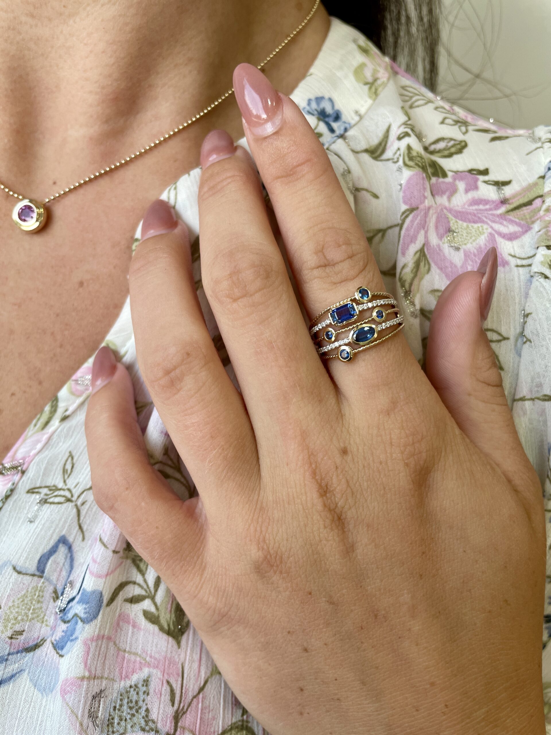 Yellow Gold Five Band Sapphire & Diamond Ring