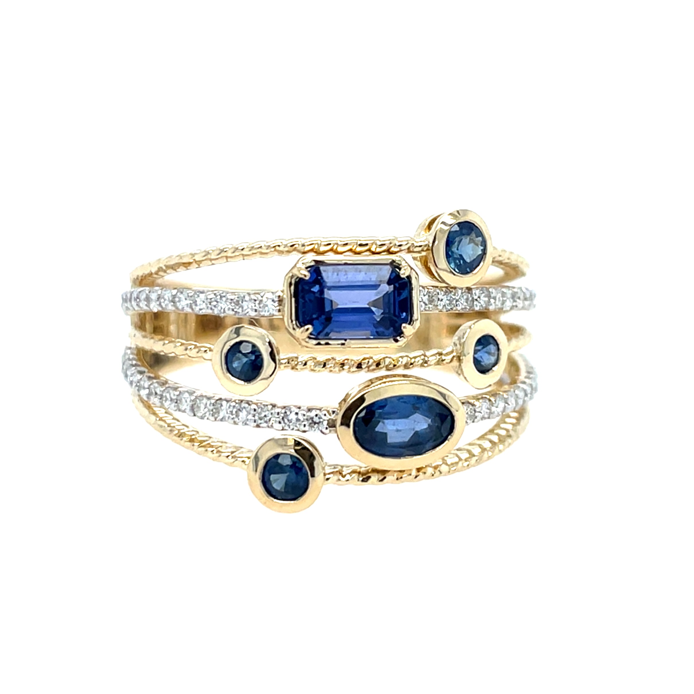 Yellow Gold Five Band Sapphire & Diamond Ring