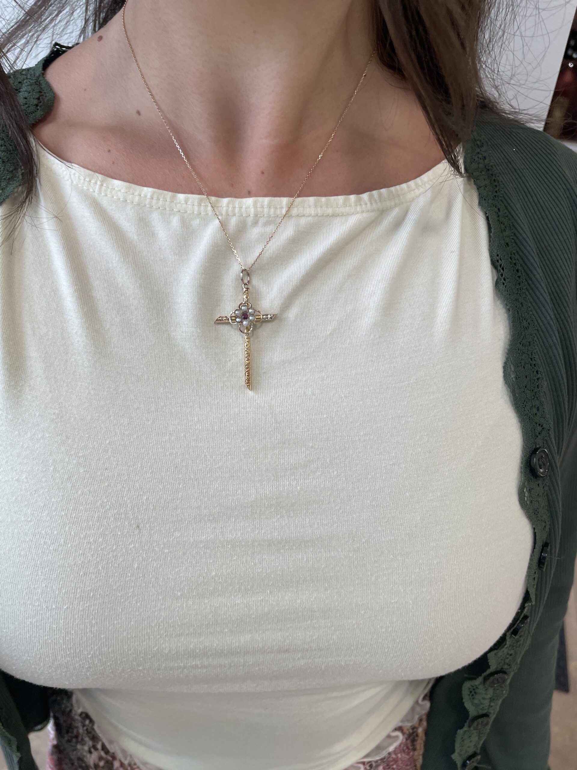 Estate: Yellow Gold Pearl and Ruby Cross Pendant