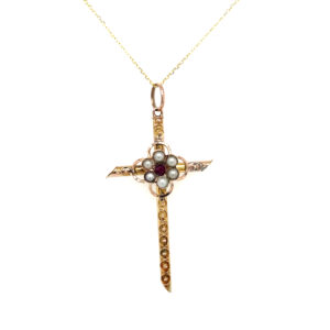 Estate: Yellow Gold Pearl and Ruby Cross Pendant