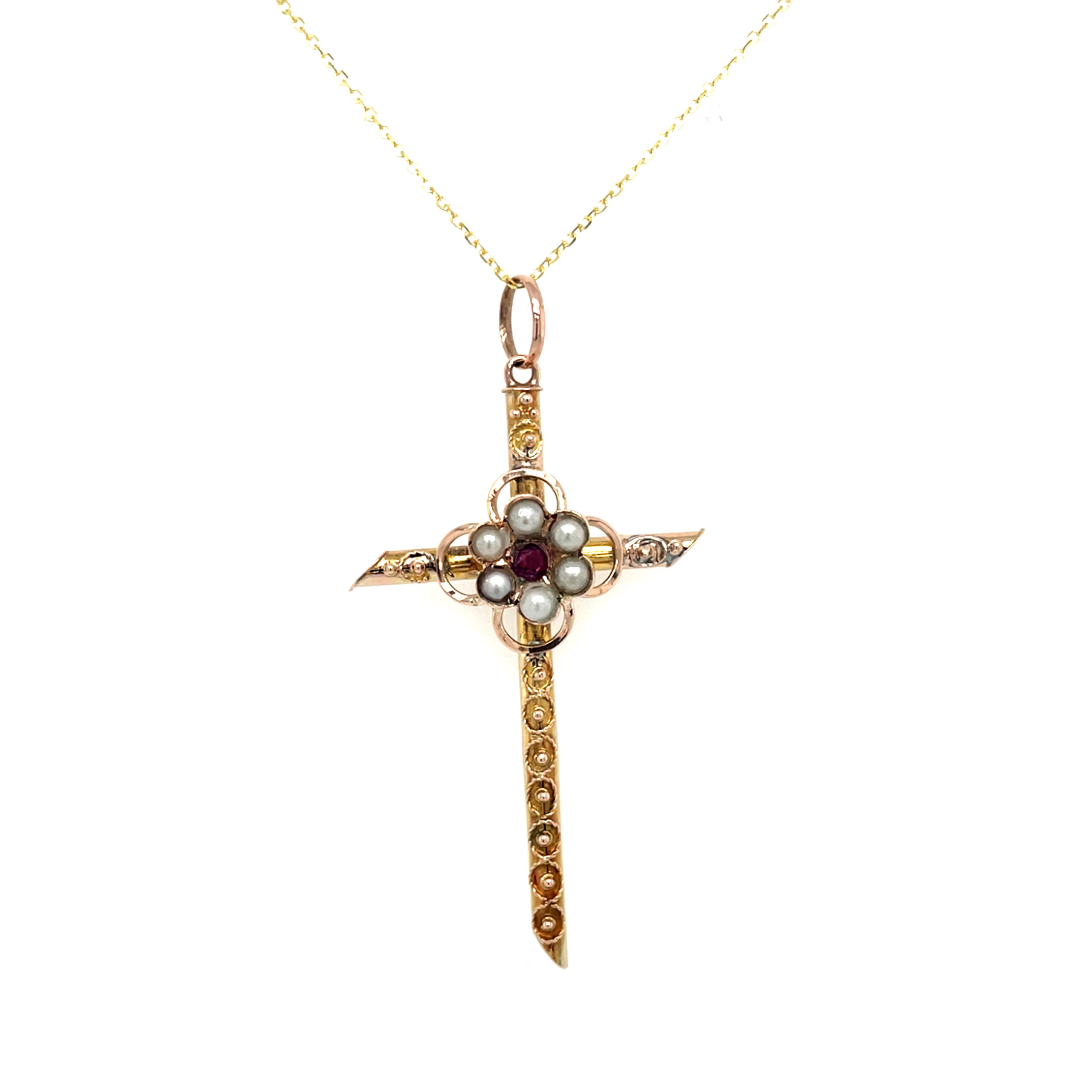 Estate: Yellow Gold Pearl and Ruby Cross Pendant