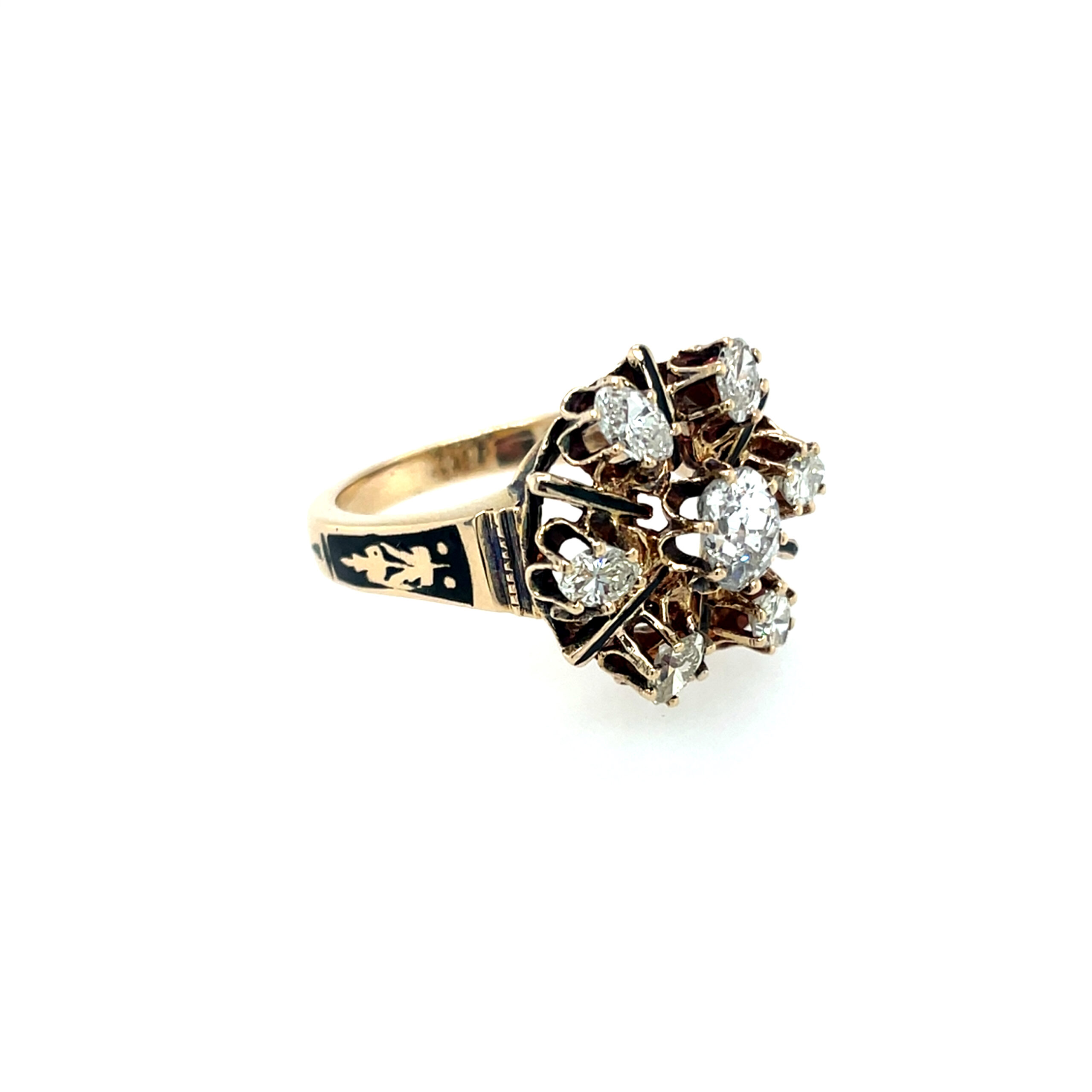Estate: Yellow Gold Diamond Cluster Ring with Black Enameling