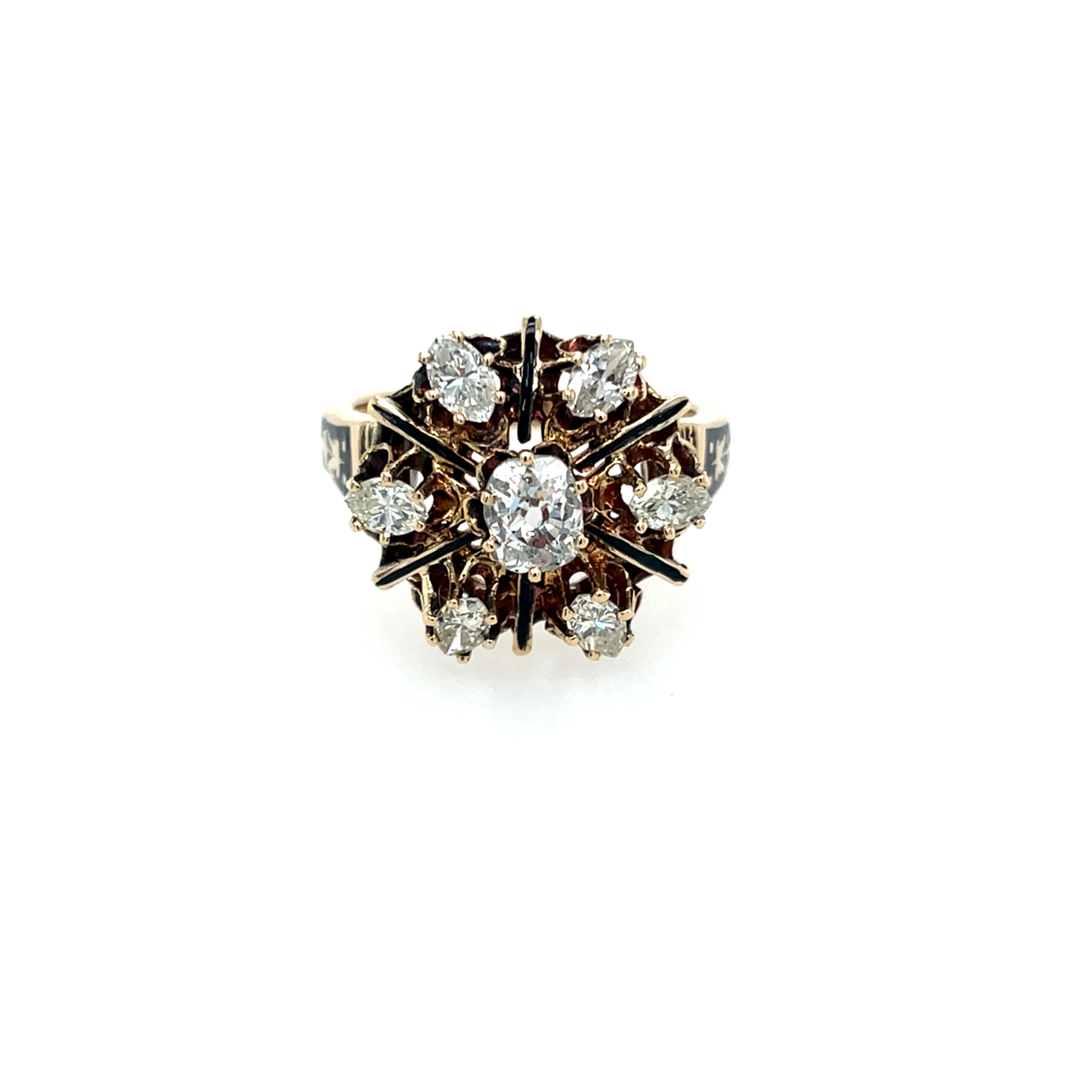 Estate: Yellow Gold Diamond Cluster Ring with Black Enameling