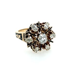 Estate: Yellow Gold Diamond Cluster Ring with Black Enameling