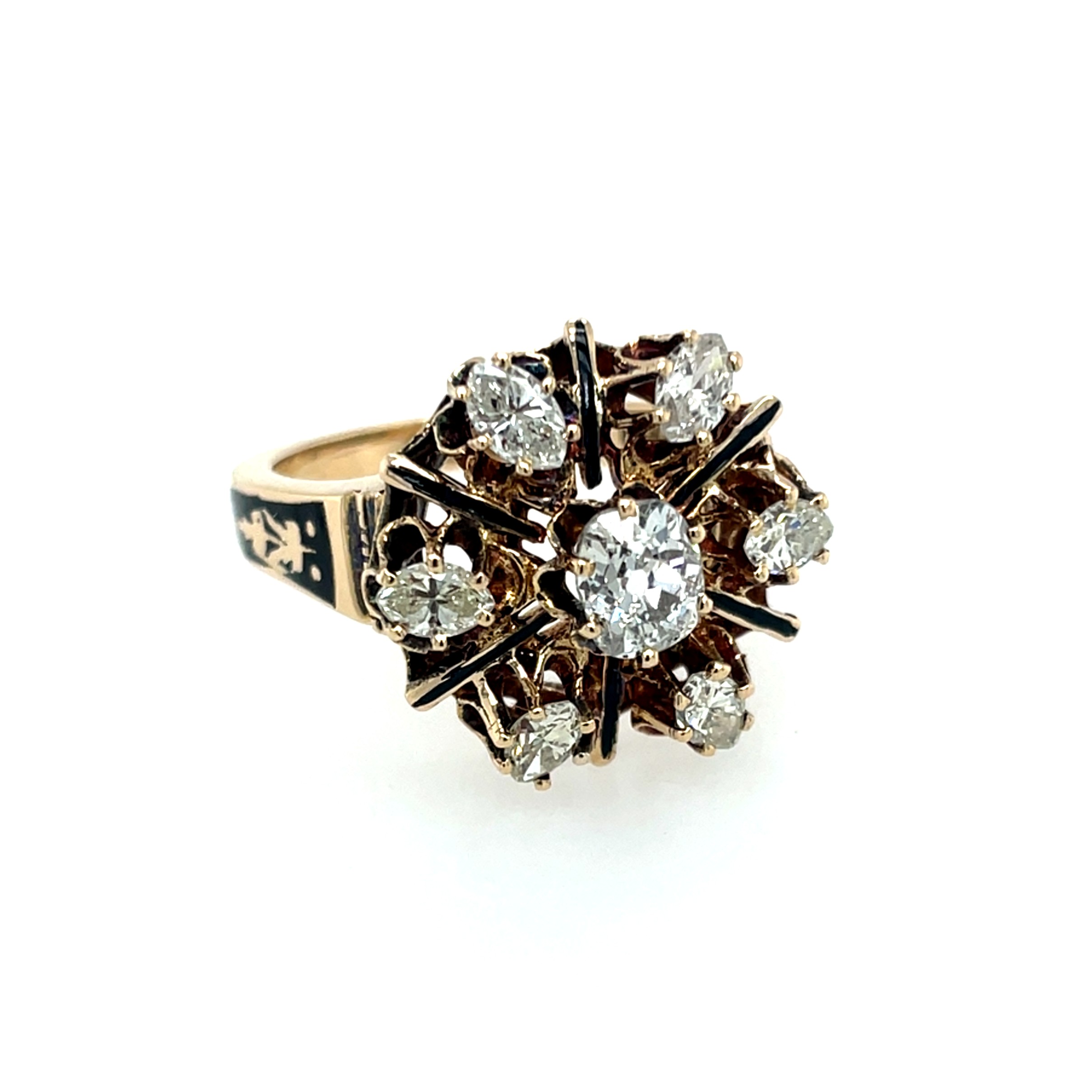 Estate: Yellow Gold Diamond Cluster Ring with Black Enameling