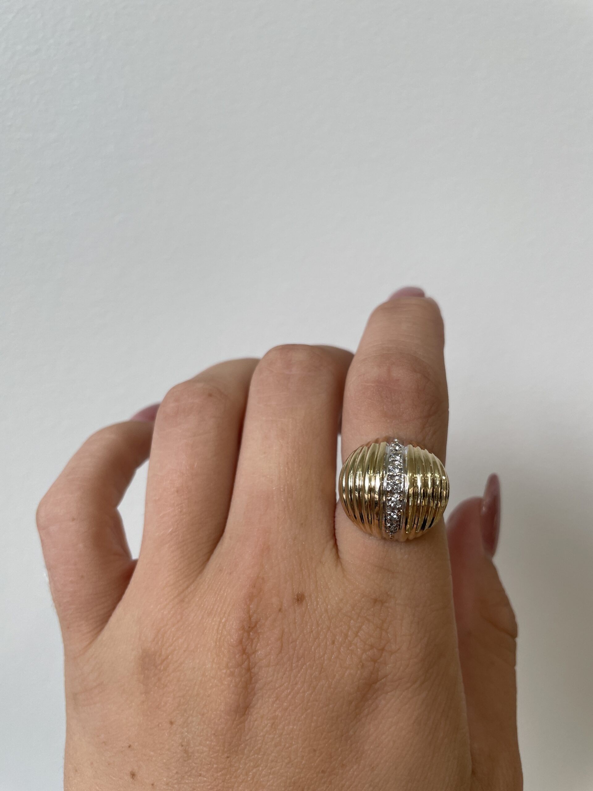 Estate: Yellow Gold Ridged Dome Ring with Diamonds