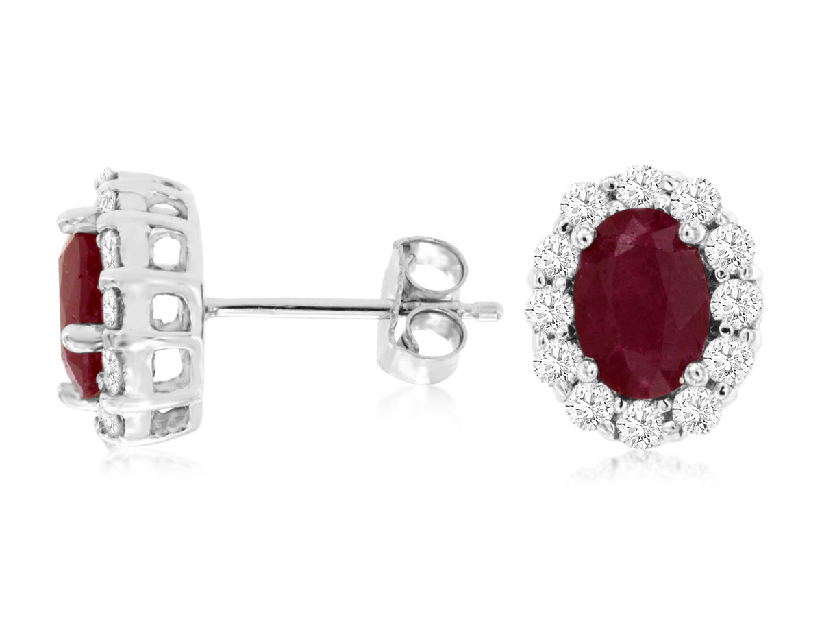 White Gold Ruby Earrings with Diamond Halos