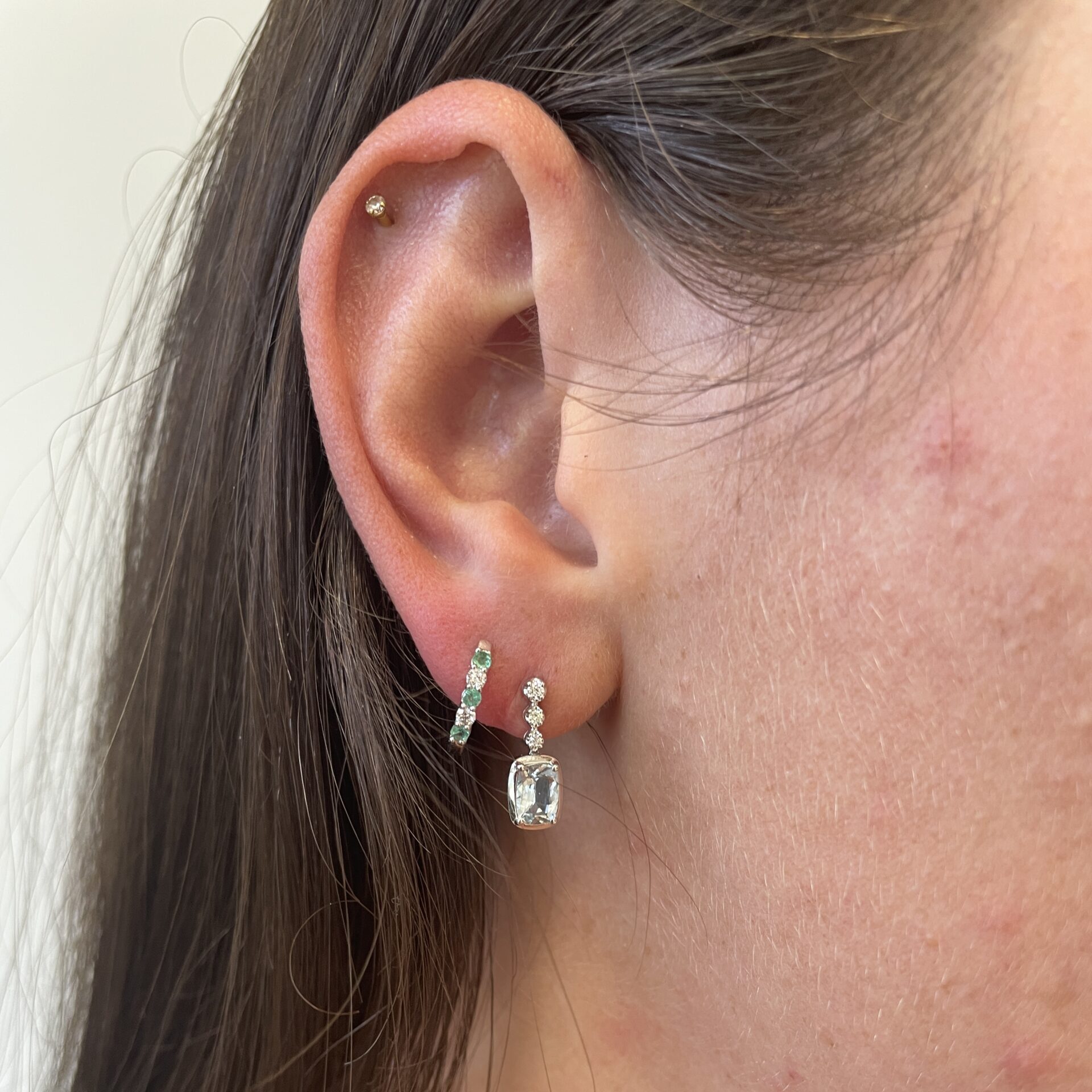 White Gold Emerald & Diamond Huggie Hoop Earrings